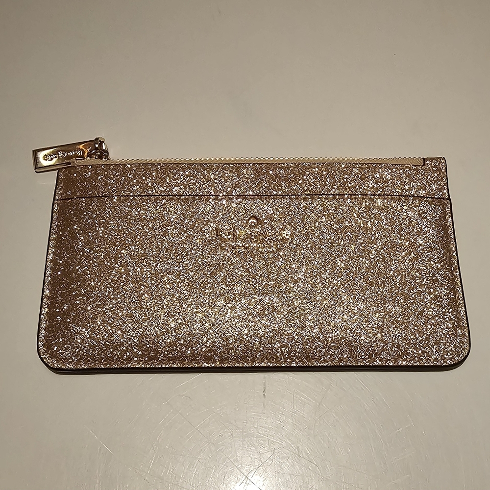 Kate Spade Gold Glitter Card Holder Zip Wallet NWOT